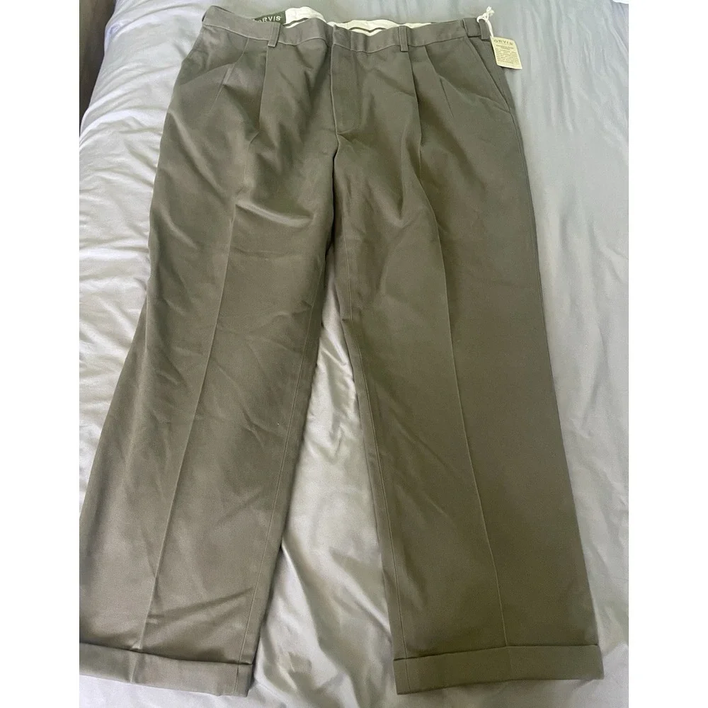 Orvis Pants Mens 44 Olive Wrinkle-Free Comfort Waist Pleated Chino Classic